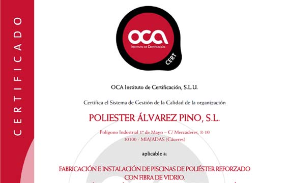 Certificado de calidad Piscinas Alma